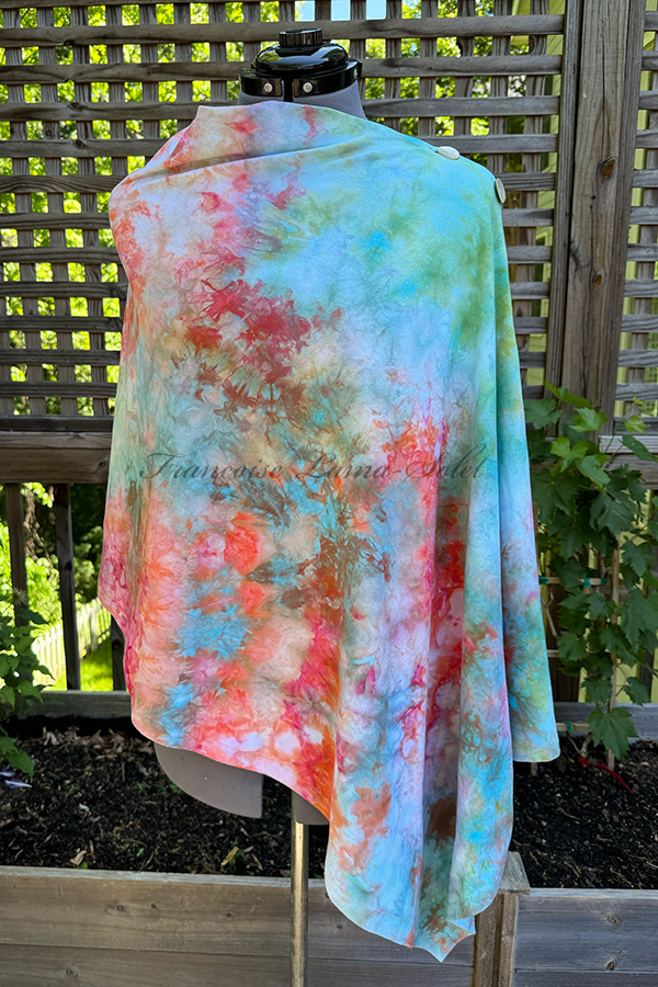 Women's hand dyed ice dyed asymmetrical poncho shawl wrap in the shades aqua, green, peach, pink and lavender - Blooms in the Lagoon
