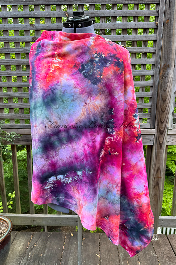 Women's teal, coral, pink and purple hand dyed tie dye warm and cozy fall winter button shawl wrap, poncho cover up - Coral Rief
