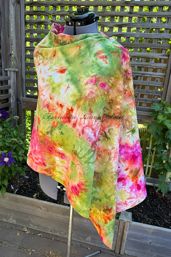 Women's hand dyed ice dyed asymmetrical poncho shawl wrap in the shades green, yellow, peach and pink - Full Bloom
