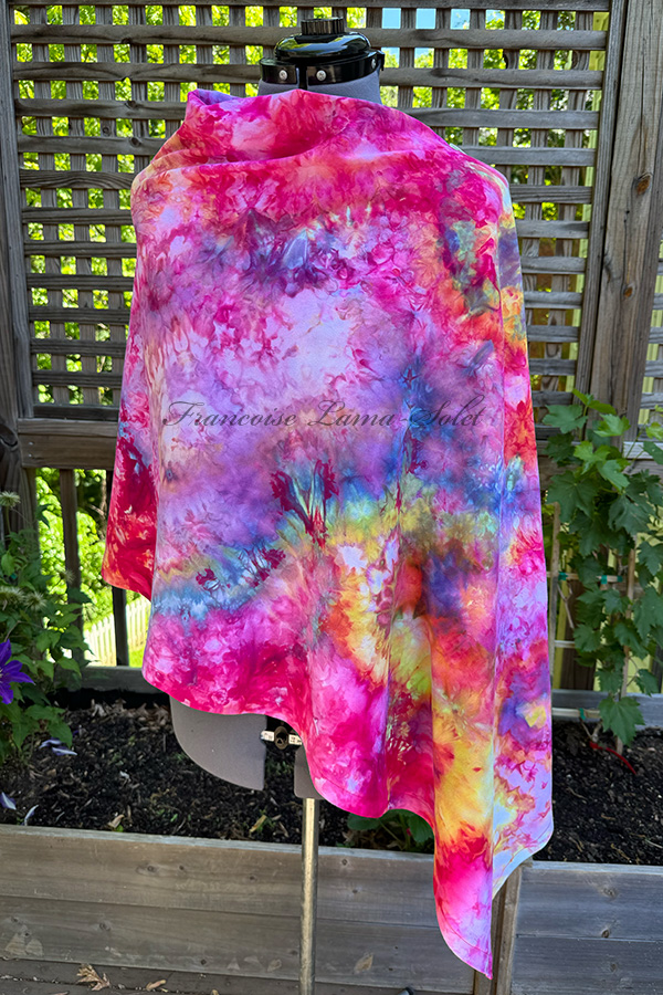Women's hand dyed tie dye warm and cozy fall winter poncho shawl wrap with buttons in the shades purple, pink, yellow, orange, green and blue - Rainbow Colors