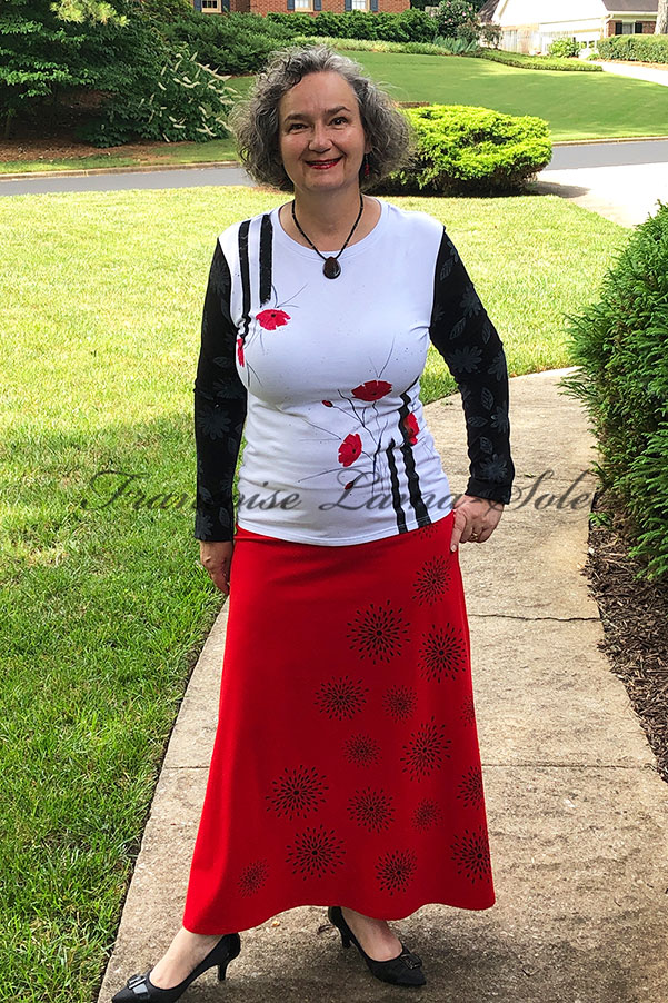 Modern wearable art a line maxi long skirt handmade with red cotton lycra jersey and hand printed with black patterns – Black Stars