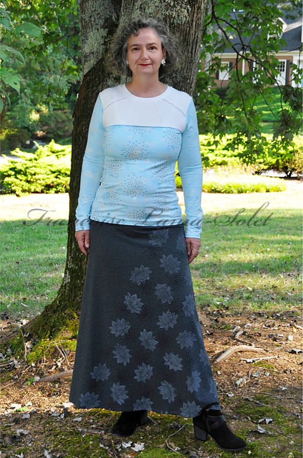 Womens artsy maxi skirt handmade with dark charcoal grey cotton lycra jersey and hand printed with lotus flower and star patterns – Cozy Winter