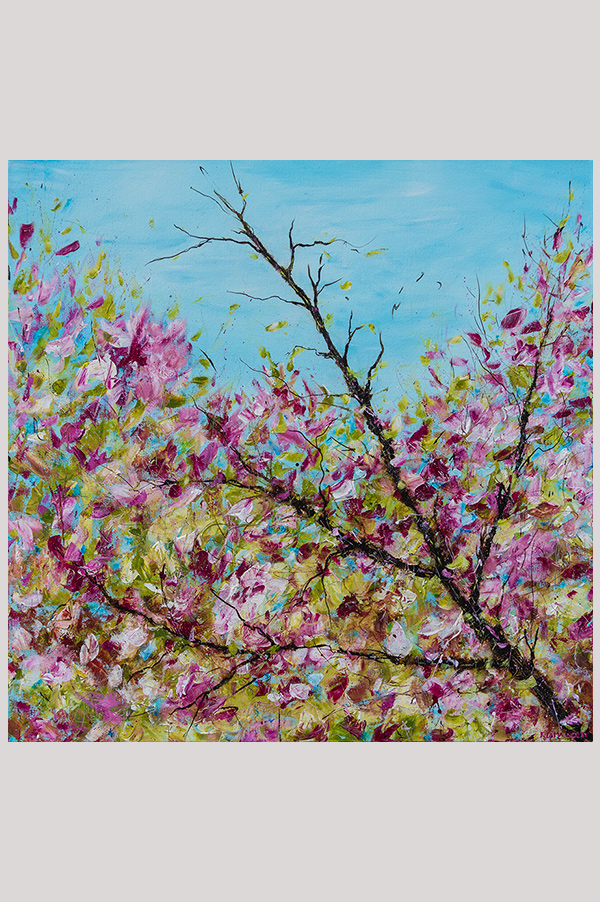 Original contemporary impressionist floral artwork hand painted with acrylics on a gallery wrapped canvas size 24 x 24 inches - Broken Tree