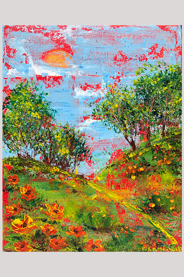 Original abstract acrylic painting on canvas panel size 8 x 10 inches done with palette knife featuring a colorful landscape artwork with california poppies - Summer Walk