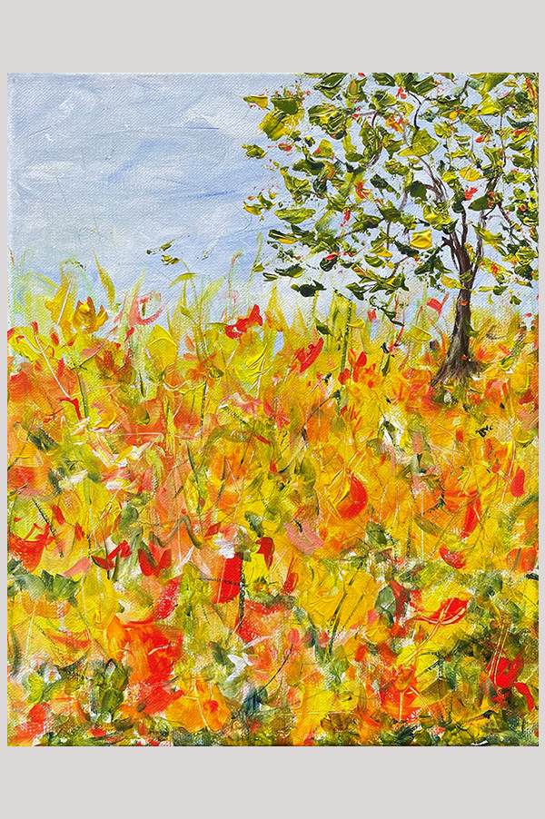 Original colorful abstract landscape acrylic painting of floral meadow and a tree on stretched canvas size 11 x 14 inch - Sunshine
