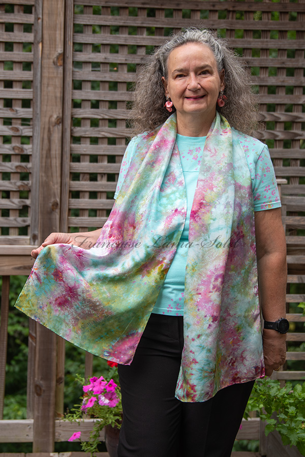 Women's wearable art ice dyed long silk scarf hand dyed with different shades of pink, lavender, aqua and green - Impressionist Garden
