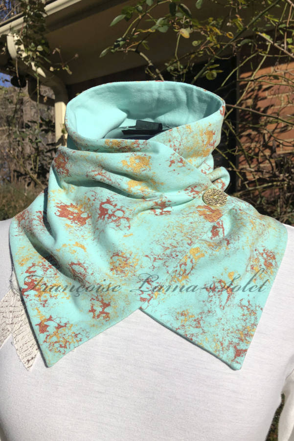 Neck warmer scarf wrap handmade with seafoam green cotton lycra jersey and hand painted with gold and copper - Jade