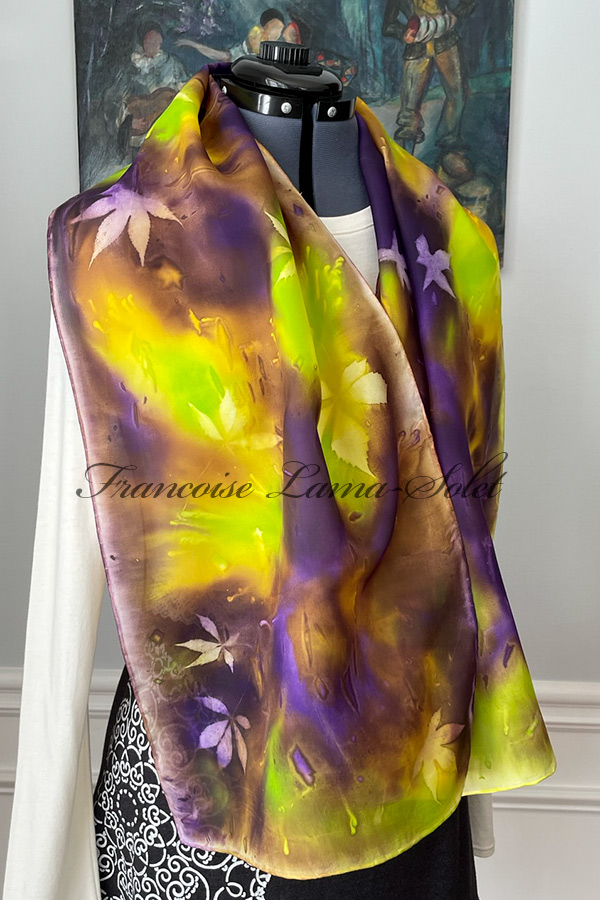 Women's fall colors art silk scarf hand painted in different shades of purple, chartreuse green and brown, and sun printed with natural leaves - Walk in the Fall