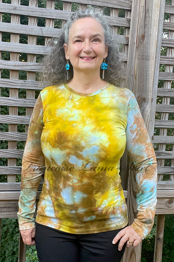 Wearable art autumn yellow mustard, brown and turquoise long sleeve t-shirt handmade and hand iced dyed with cotton lycra jersey – Amber