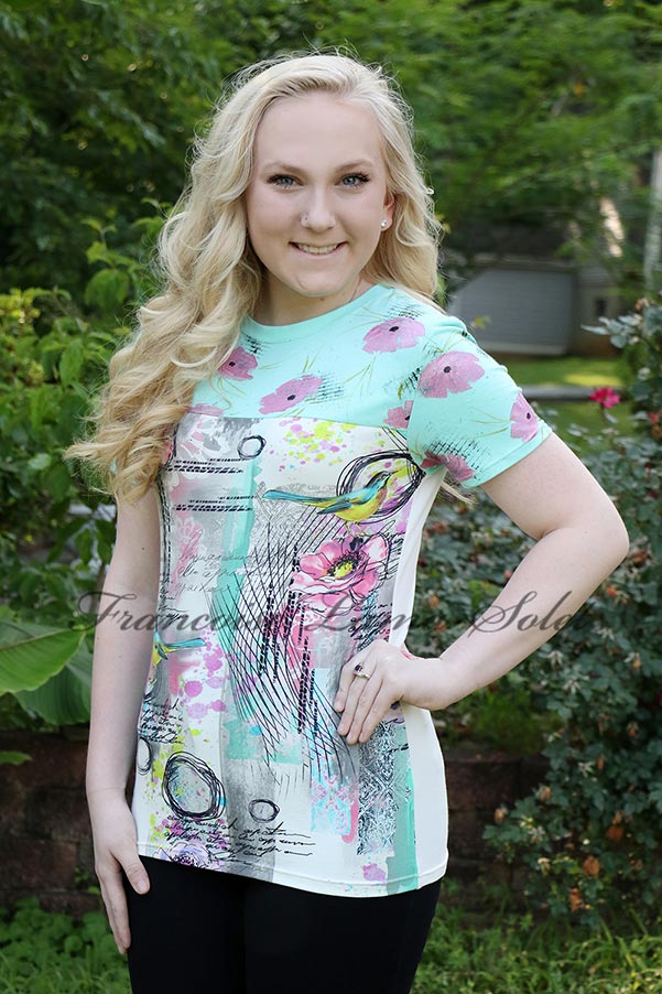 Artsy floral t-shirt with birds handmade with urban graphic cotton jersey and hand painted with pink flowers - Amy's Birds