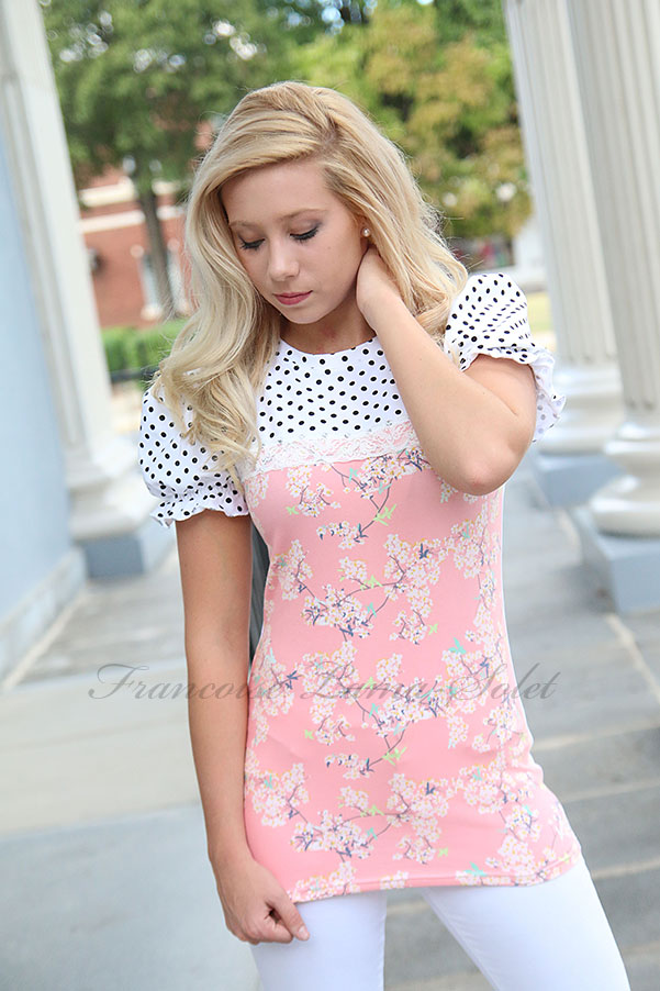 Womens romantic polka dot floral pink puff sleeve T-shirt Beatrice