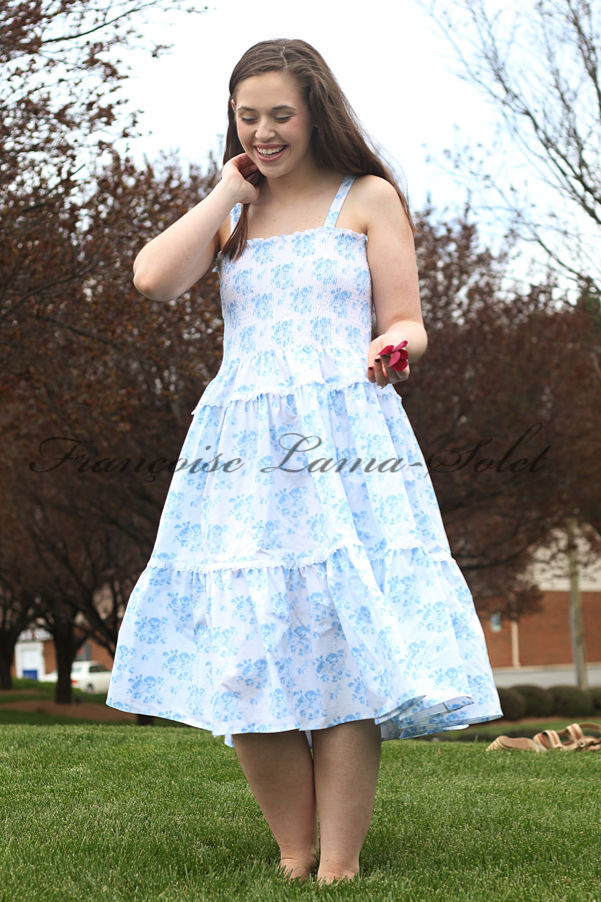 Women's spring summer floral blue white romantic chic tiered sundress Blue Bouquets
