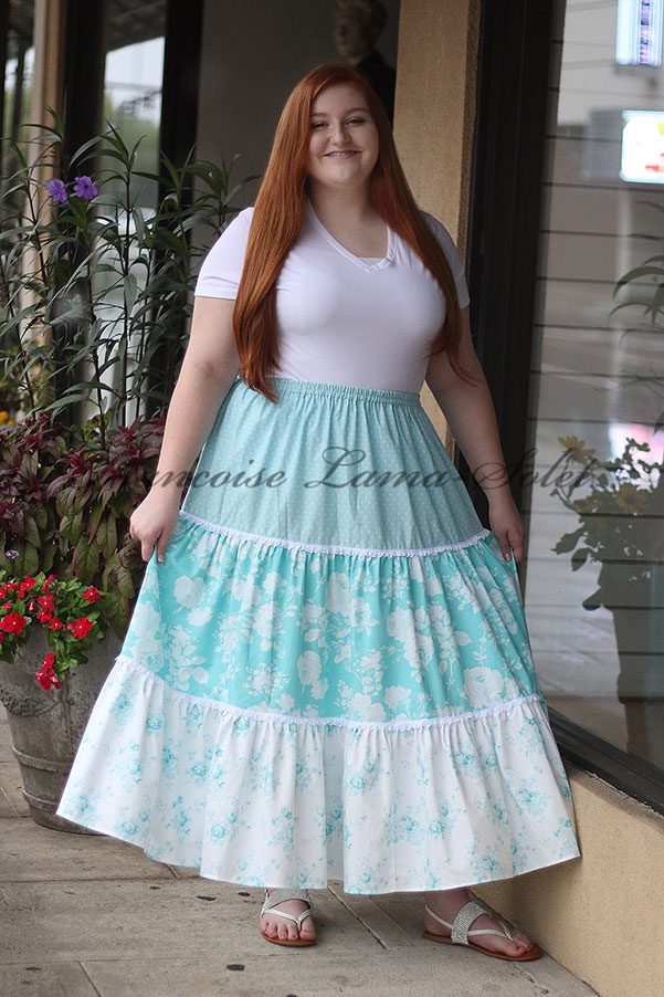 Boho shabby maxi tiered skirt handmade with romantic chic teal and white floral cotton prints and white lace trim, with elastic waist – Blue Roses