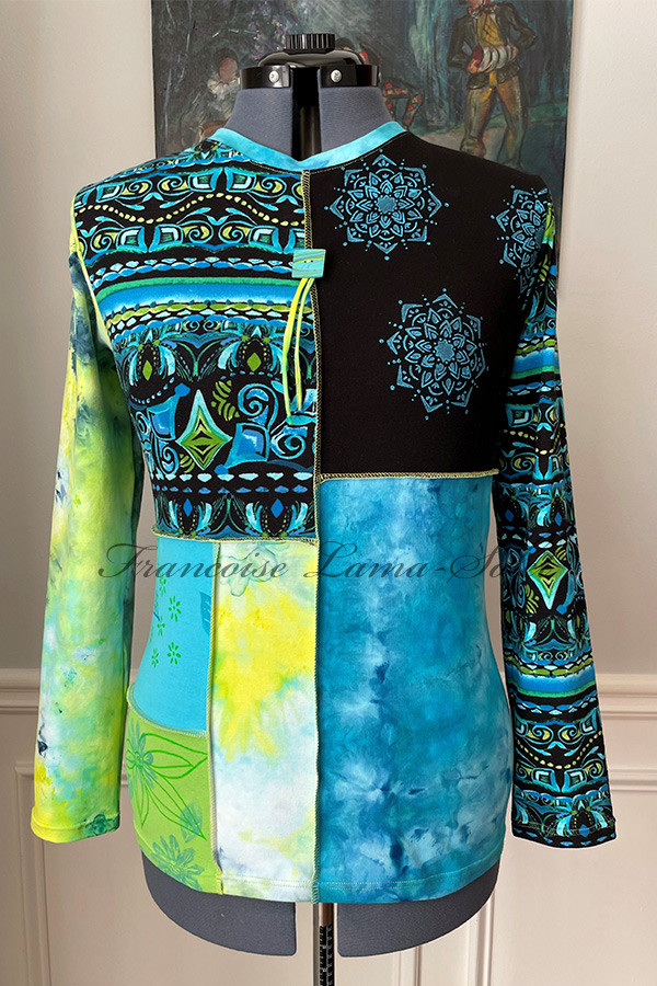 Colorful wearable art turquoise, black, green and yellow long sleeve patchwork t-shirt handmade with aztec print and hand dyed and hand printed fabrics with mandala print – Boho Vibes