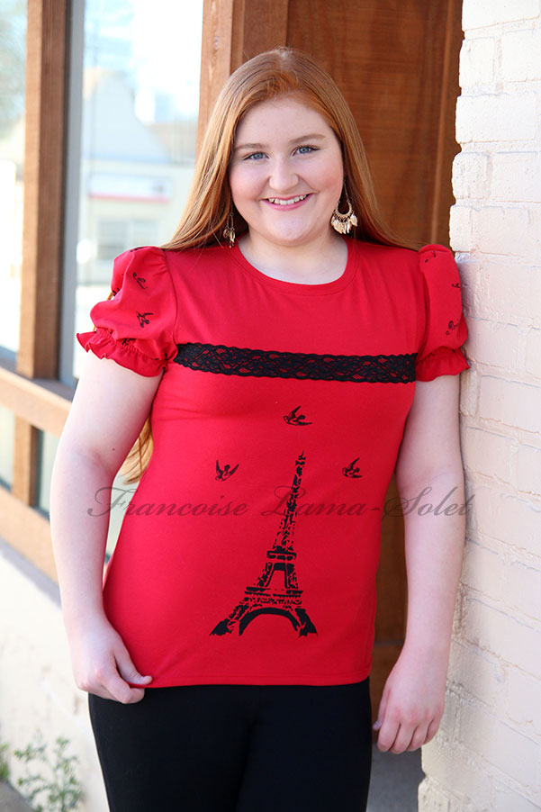Womens romantic red black Eiffel Tower hand printed shirt Bonjour Paris