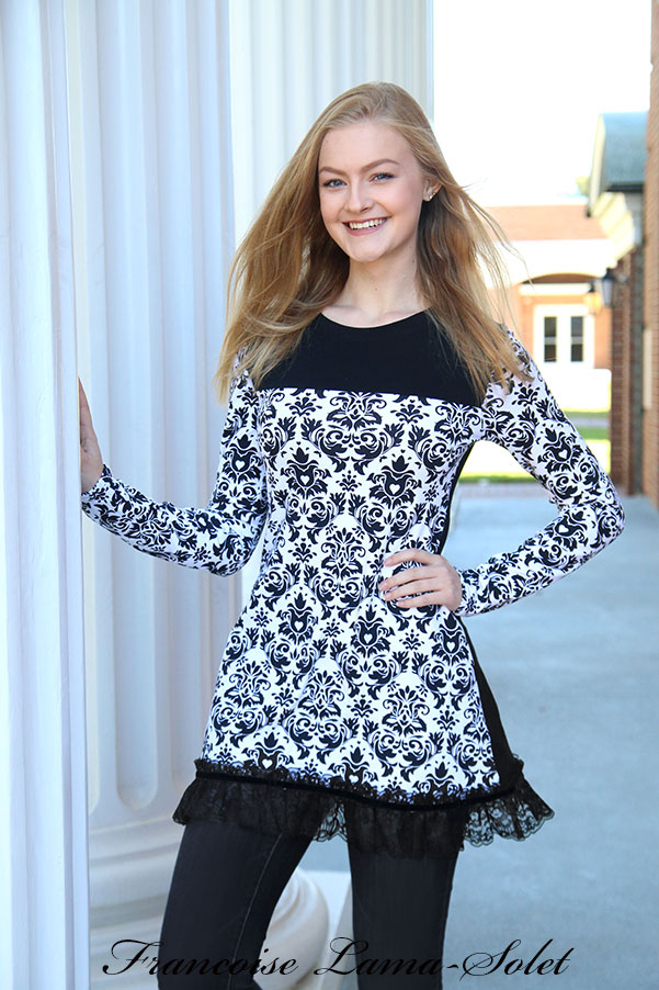 Black and white long sleeve A line formal tunic top short dress Damask