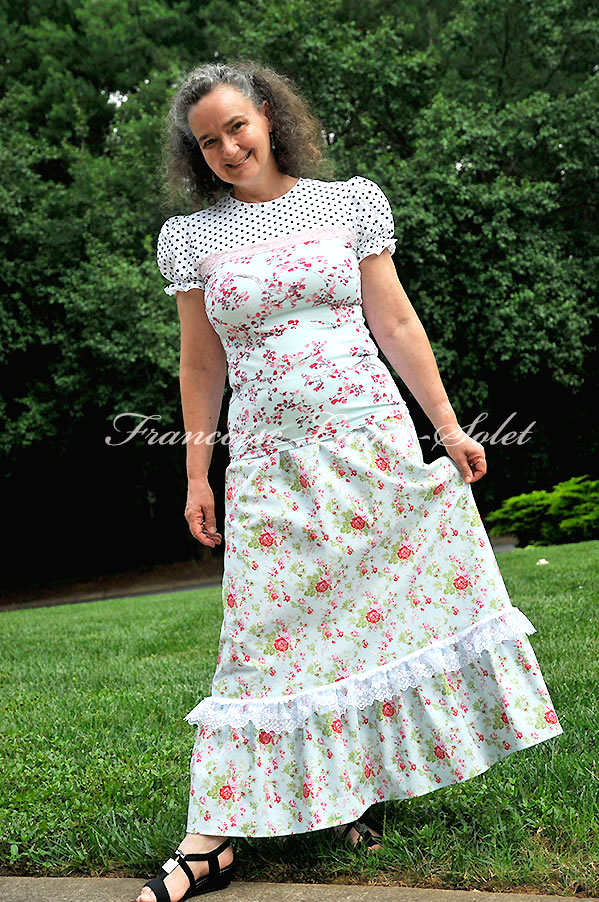Shabby roses blue pink ruffled country chic A line maxi skirt Delilah