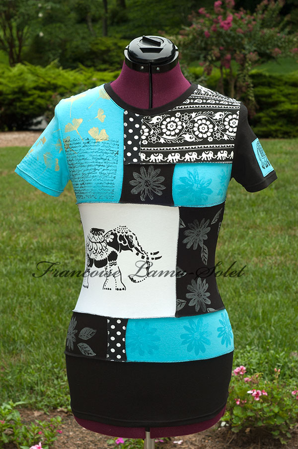 Womens urban recycled patchwork t-shirt top short sleeve tee Elephant