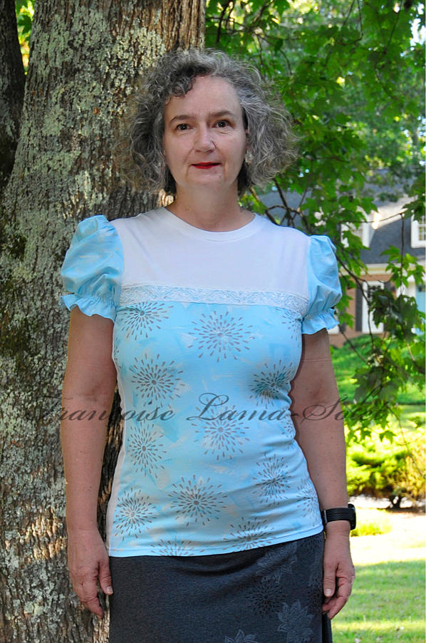 Women’s art to wear fitted puff sleeve t shirt blouse handmade with light blue and off white cotton lycra jersey and hand printed - Glacier