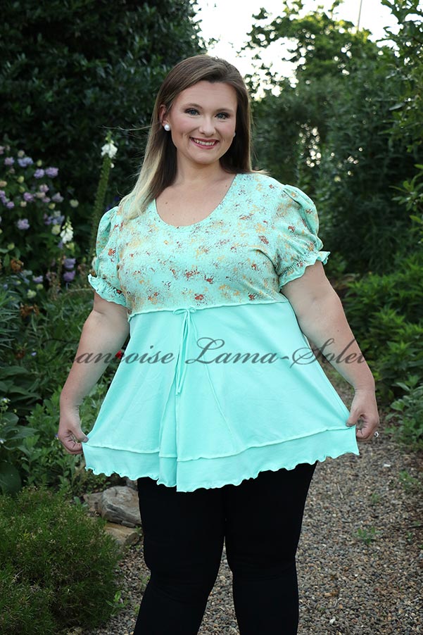 Women’s artsy fashion empire waist tunic swing top with puff sleeves handmade with seafoam green cotton jersey and hand painted - Jade