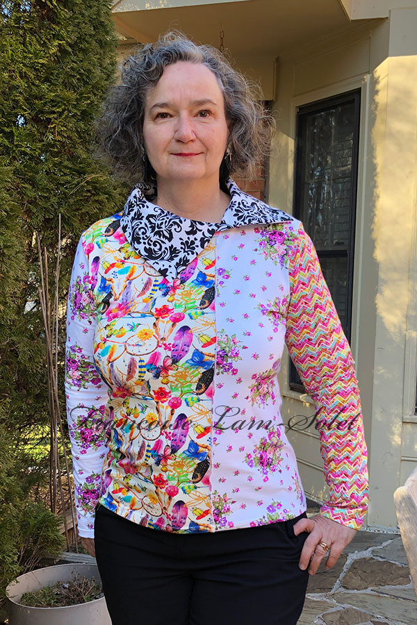 Colorful long sleeve cowl neck patchwork tee handmade with floral and dreamcatcher print cotton lycra jerseys - Lydia