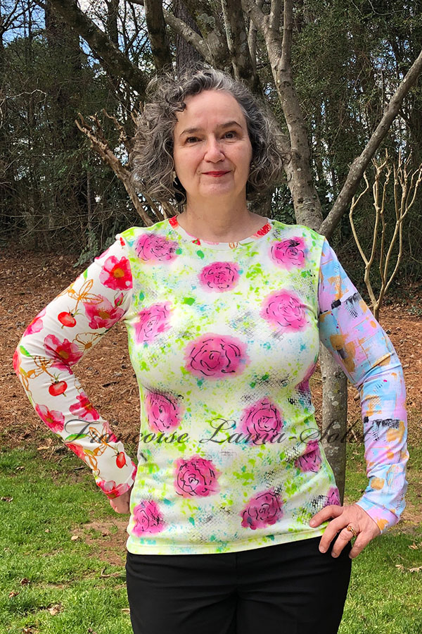 Womens long sleeve wearable art patchwork cotton tee hand painted and handmade with floral and abstract art in the shades pink, green, light pink and blue blue - Madison