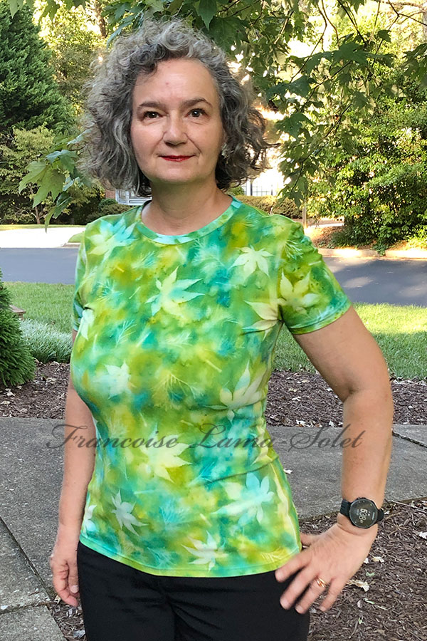 One of a kind cotton tee hand painted with watercolor aqua and green and sun printed with Japanese maple leaves – Maple Delight