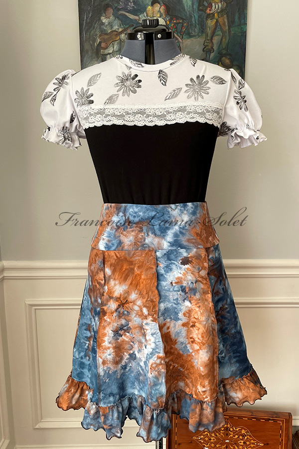 Women's handmade and hand dyed flared jersey ruffle skirt with panels and yoga waist in the shades cobalt blue and brown - Nadege