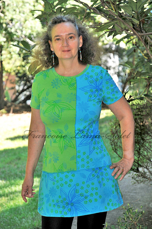 Handprinted turquoise a-line jersey tunic dress wearable art womens jersey top Olivia