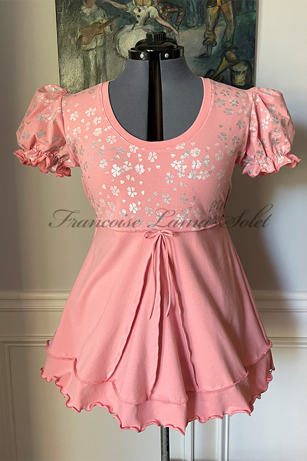 Women's dusty pink short puff sleeve empire waist tunic swing top hand printed silver and pearl pearl cherry blossoms - Pink Blosssoms