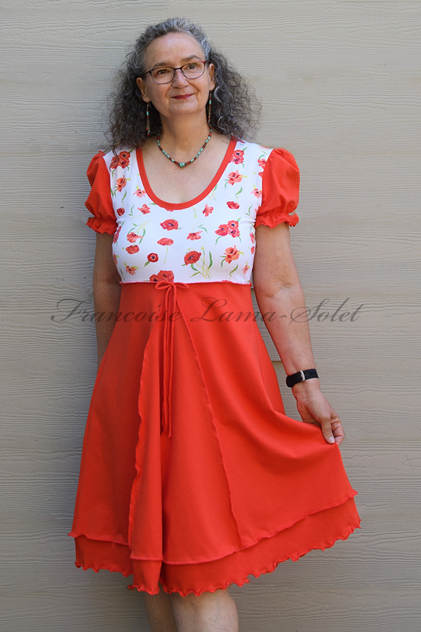 Women's red orange and white empire waist knee length dress with short puff sleeves and poppy flowers - Poppies