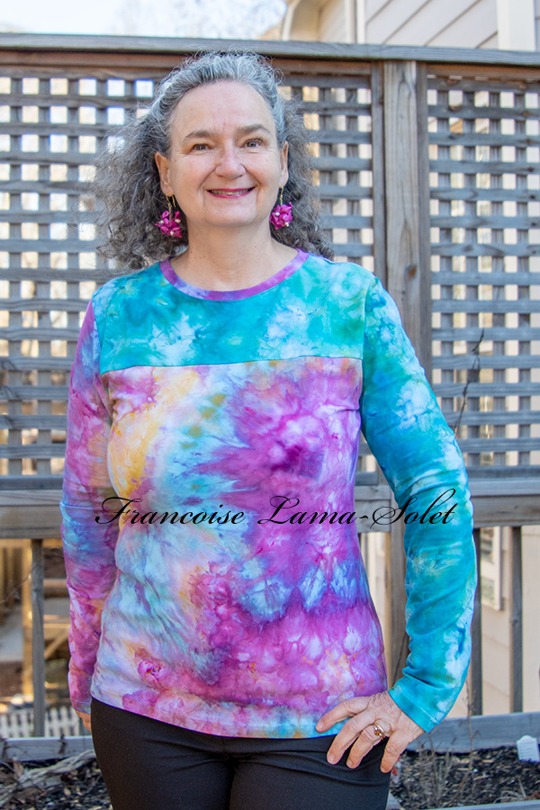 Wearable art pink, purple, yellow, orange and turquoise long sleeve t-shirt handmade and hand iced dyed with cotton lycra jersey – Rainbow