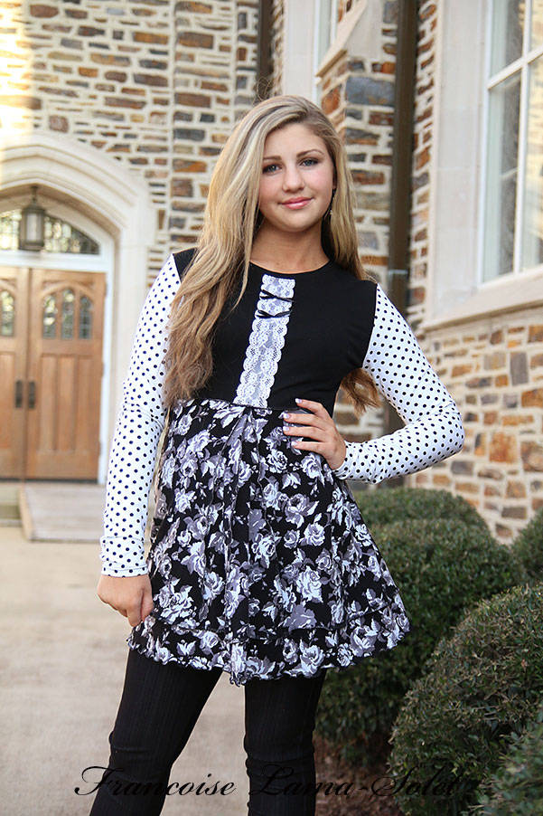 Black and white polka dot long sleeve floral tunic top, handmade fitted flared jersey blouse