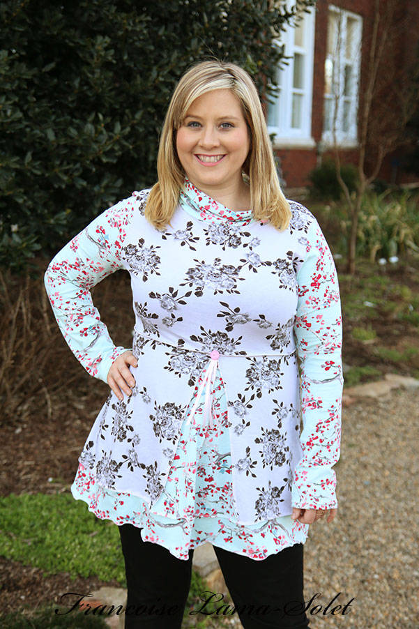 Romantic grey blue floral tunic top for women, long sleeve jersey blouse, cowl neck fitted flared shirt, plus size jersey tunic top, Shabby chic Roses long shirt