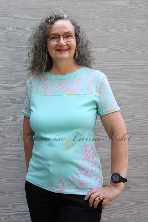 Womens' mint and pink short sleeve t-shirt handmade with cotton lycra jersey and hand printed with cherry blossoms and hummingbirds - Spring Is In The Air