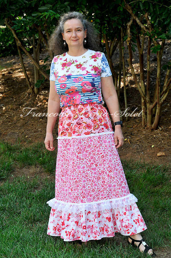 Pink red white A-line maxi skirt, bohemian gypsy long skirt ruffled country tiered skirt