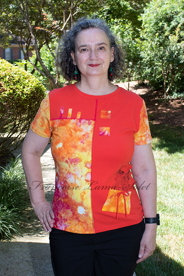 Women's wearable art colorful orange, yellow and pink modern short sleeve t-shirt handmade with cotton lycra jersey and hand tie dyed - Summer Explosion