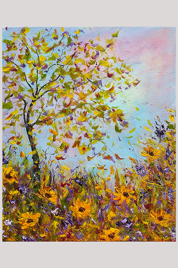 Original impressionist landscape painting of sunflowers and purple flowers meadows with a tree in the fall season on canvas size 16 x 20 inch - Autumn Dance