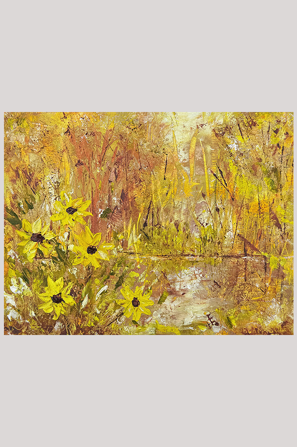 Original mixed media abstract landscape painting of a water reflection with sunflowers done with oil and cold wax on oil paper - Autumn Gold