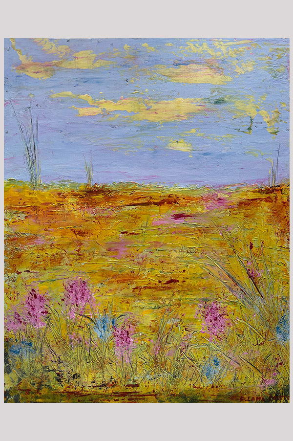 Original abstract landscape painting of flowers in the meadows in different shades of blue, yellow, pink and green on canvas panel size 11 x 14 inch - It's A Beautiful Day