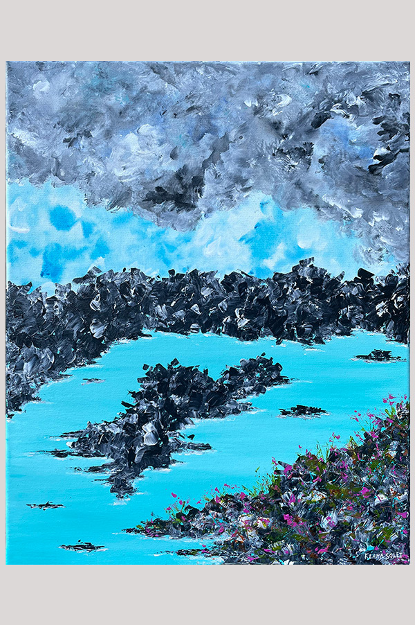 Original teal and black abstract floral landscape painting on gallery wrapped canvas size 16 x 20 inch - Blooms on the Lagoon - Iceland Series
