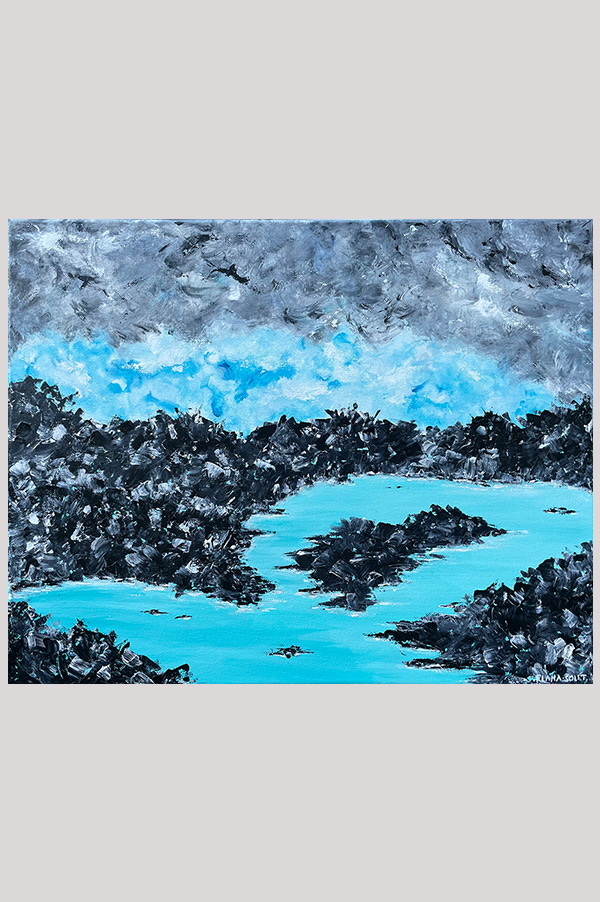 Original teal and black abstract landscape painting on gallery wrapped canvas size 20 x 16 inch - Blue Lagoon 2 - Iceland Series