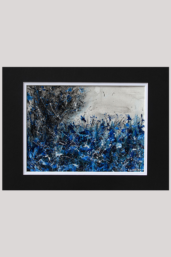 Original monochromatic abstract landscape painting of trees and blue wildflowers in the meadows in the shades blue, black, grey and white - Blue Meadow