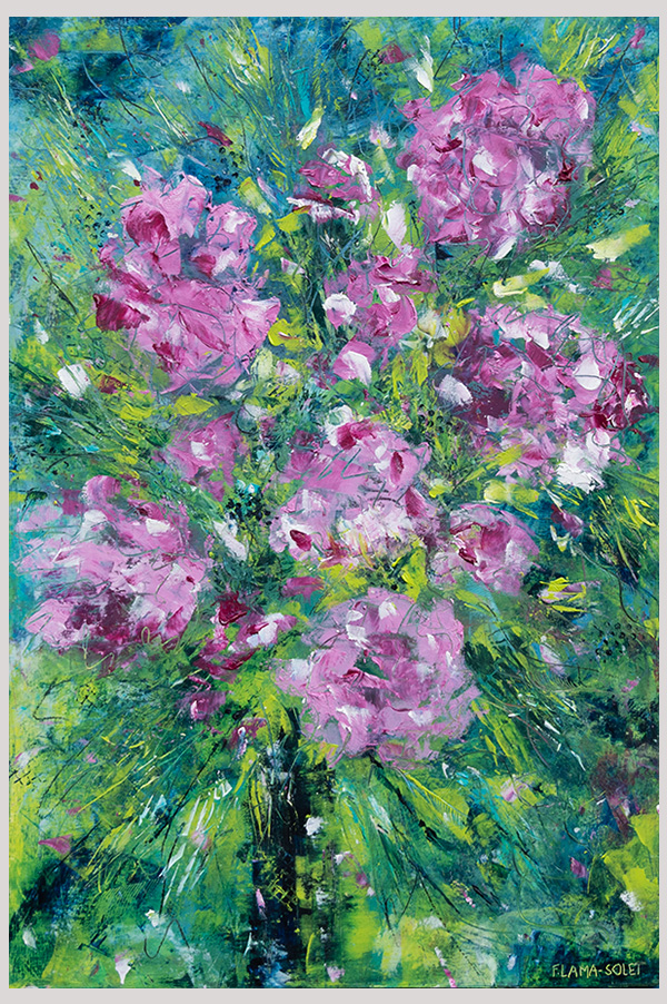 Original mixed media impressionist floral painting of a peony bouquet in a vase done with oil and cold wax on cradle wood panel size 12 x 18 inches - Bouquet de Pivoines