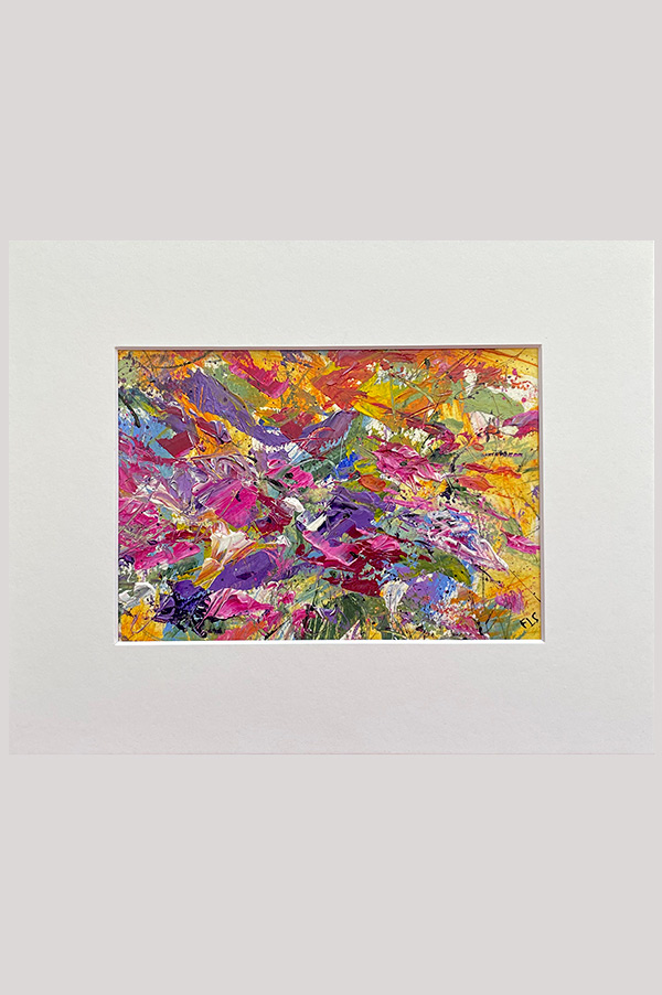 Original colorful abstract expressionism floral artwork hand painted with acrylics on watercolor paper size  7 x 5 inch and mounted in a mat size 10 x 8 inch - Bouquet Sauvage