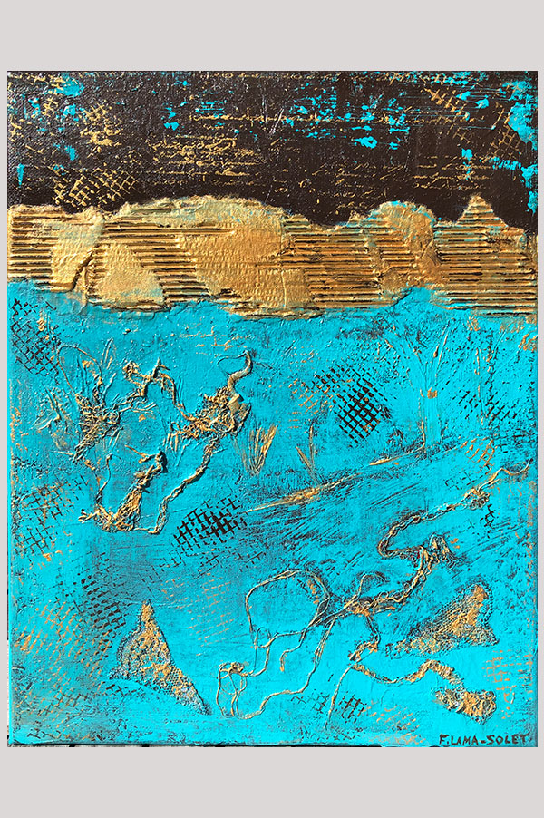 Original modern mixed media abstract painting on stretched canvas size 11 x 14 in the shades turquoise and brown with gold accents and texture - Breakthrough
