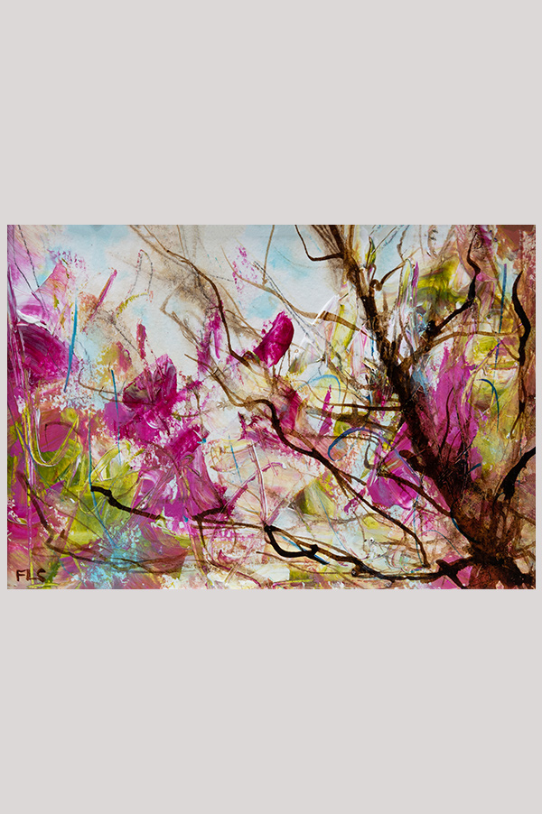 Original colorful abstract impressionist floral artwork hand painted with acrylics on watercolor paper size  7 x 5 inch and mounted in a mat size 10 x 8 inch - Broken Tree