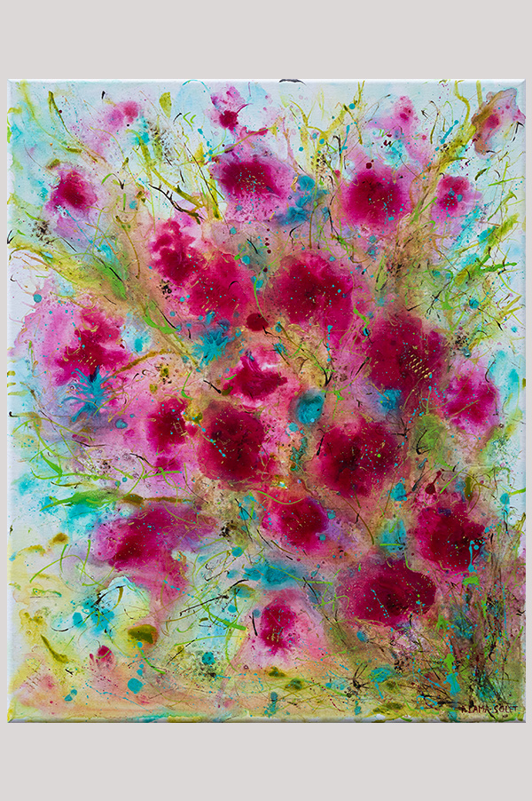 Colorful original abstract floral painting hand painted with acrylics on a gallery wrapped canvas size 16 x 20 inch - A Burst of Spring