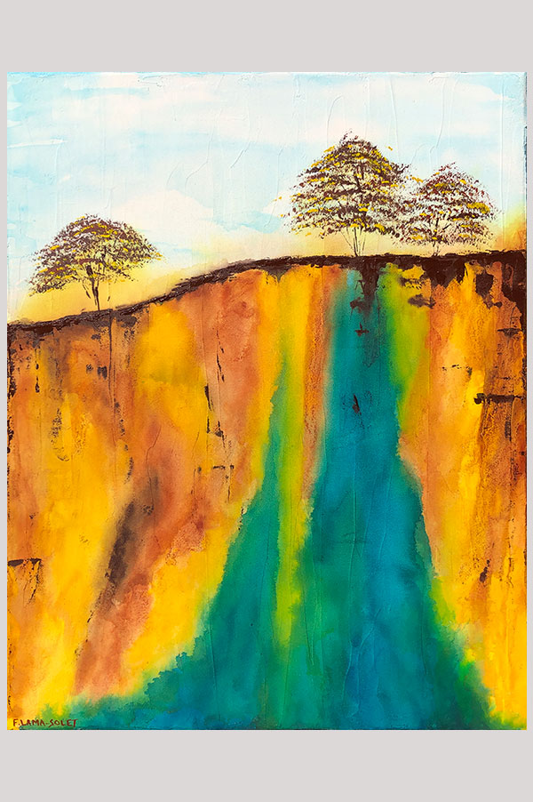 Original mixed media earth tone wall art on canvas board featuring a landscape with turquoise waterfalls – Canyon Falls
