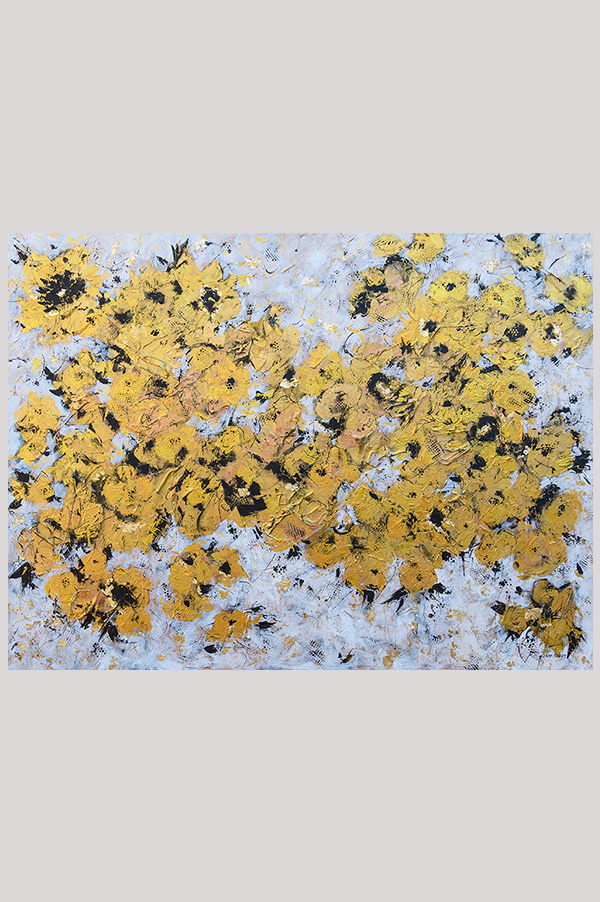 Original contemporary gold mixed media floral painting hand painted with acrylics on a gallery wrapped canvas size 30 x 40 inches - Celebration